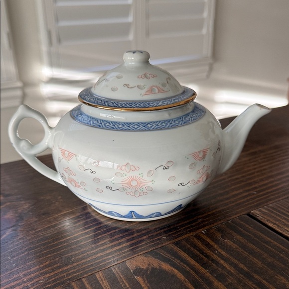 Chinese Rice Grain Other - Elegant Floral Teapot with Blue and Orange Accents